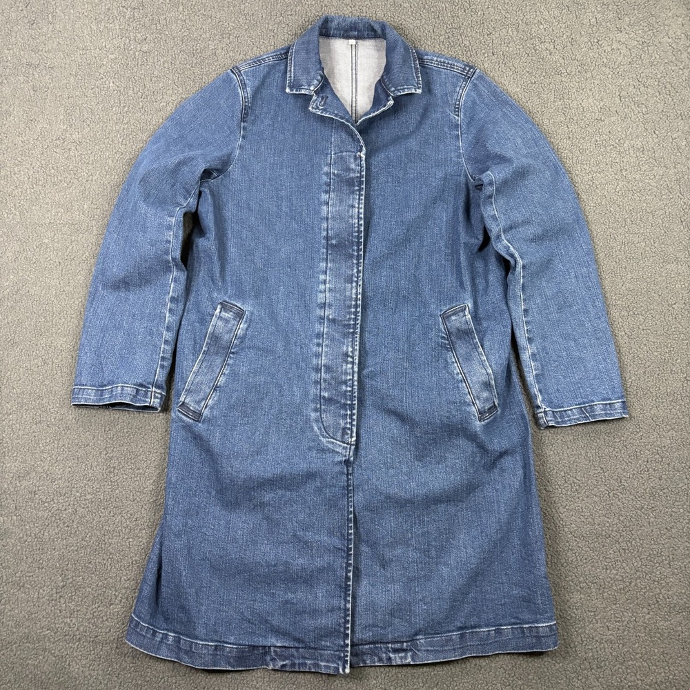 Muji Denim Jacket Womens Large Button Front‎ Long Length Minimal Blue Jean Japan